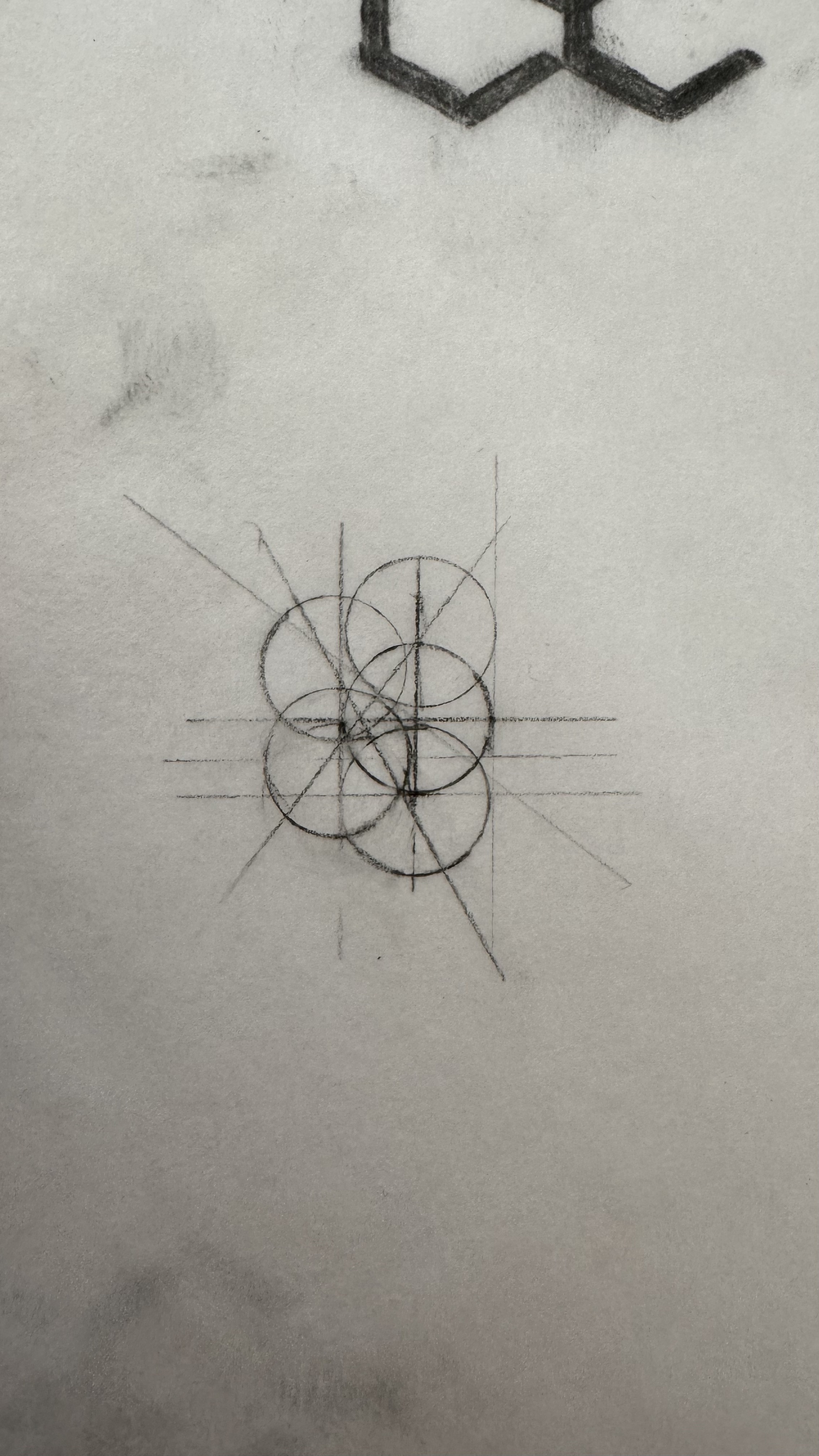 A hand-drawn sacred-geometry study — interlocking circles and proportional axes